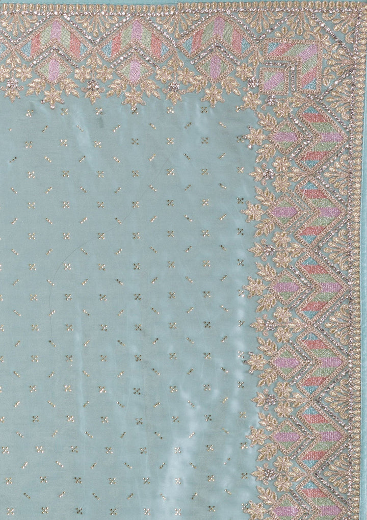 Sky Blue Stonework Satin Saree-Koskii