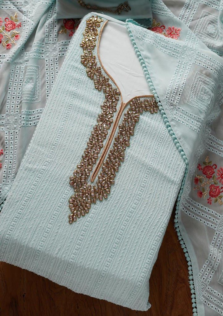 Sky Blue Stonework Georgette Designer Unstitched Salwar Suit - koskii