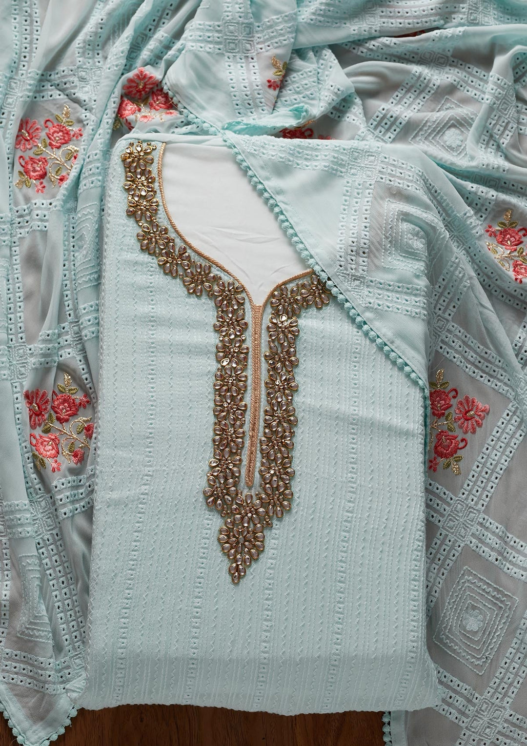 Sky Blue Stonework Georgette Designer Unstitched Salwar Suit - koskii