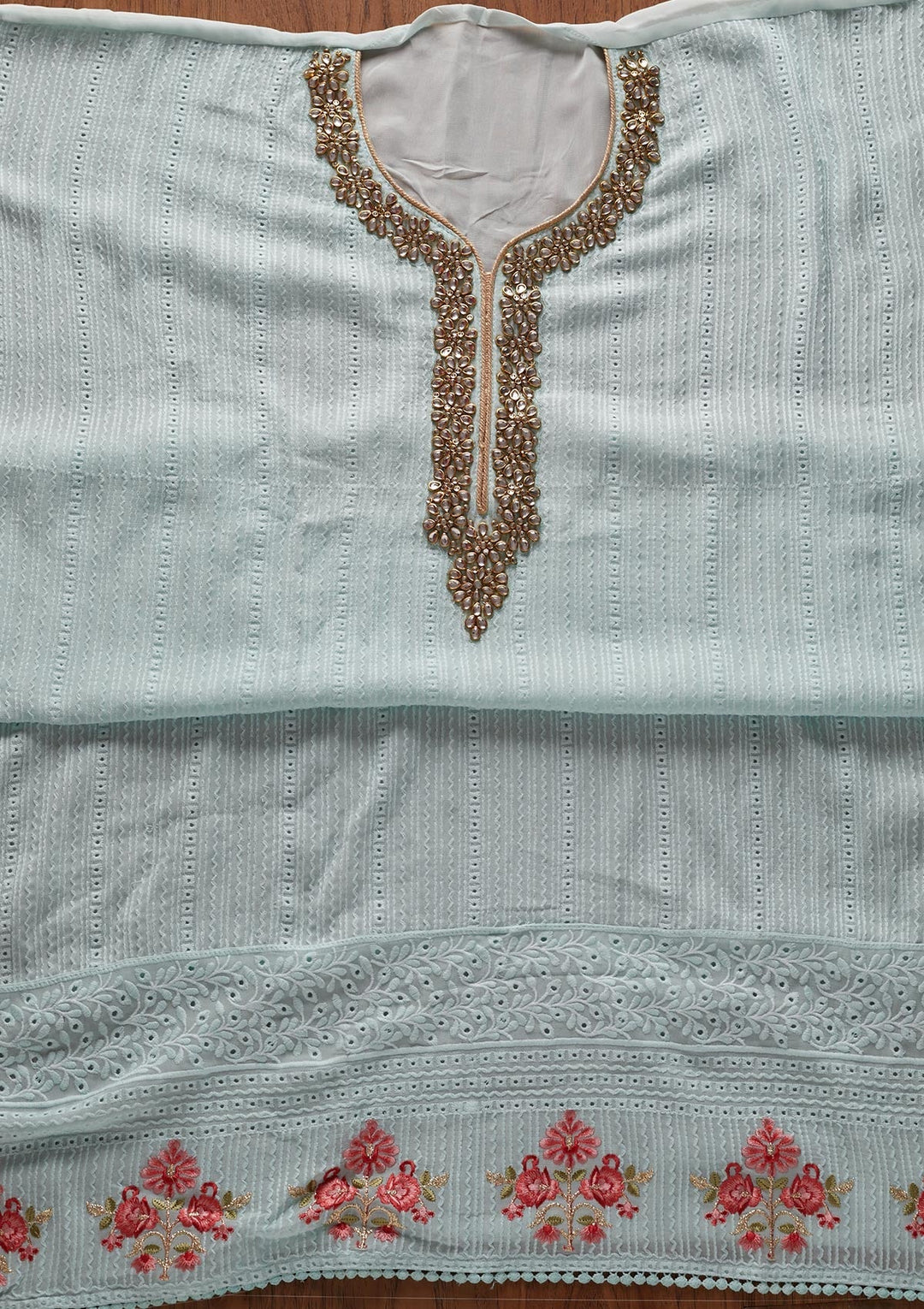 Sky Blue Stonework Georgette Designer Unstitched Salwar Suit - koskii