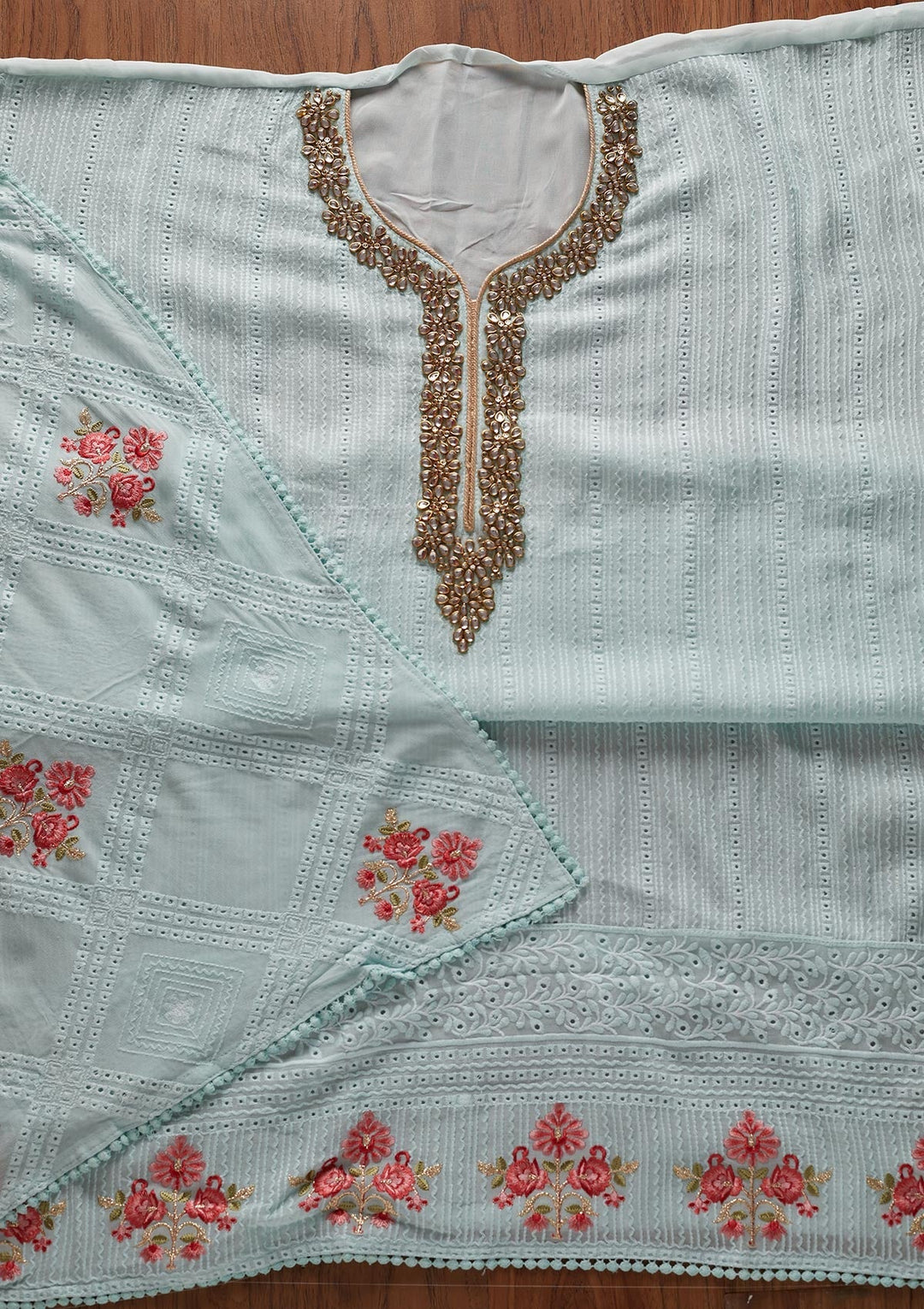 Sky Blue Stonework Georgette Designer Unstitched Salwar Suit - koskii