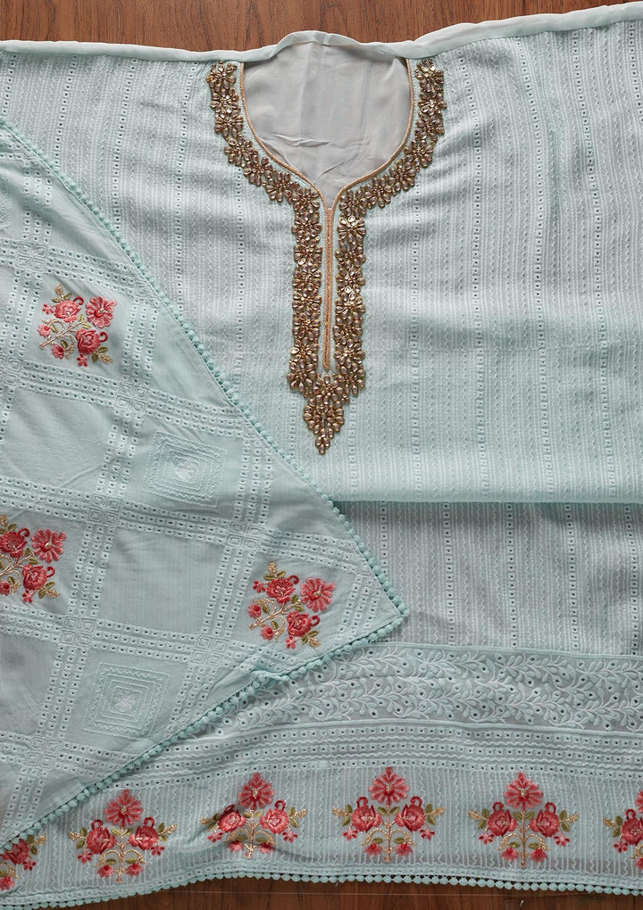 Sky Blue Stonework Georgette Designer Unstitched Salwar Suit - koskii