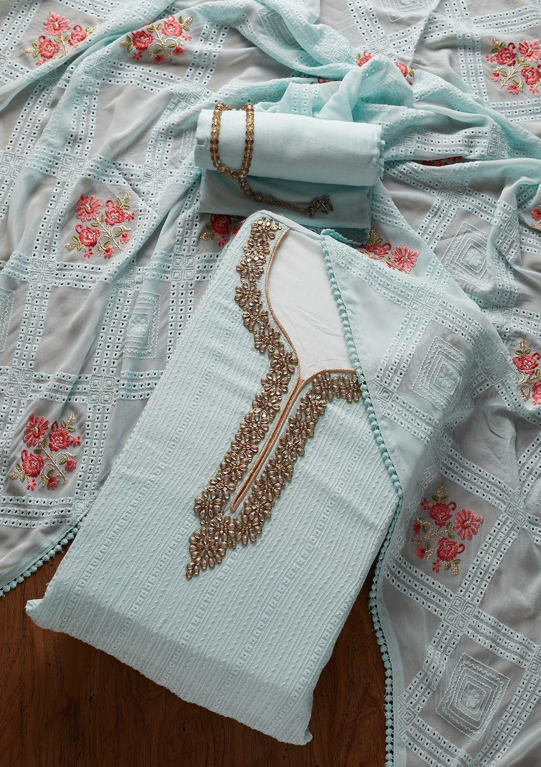 Sky Blue Stonework Georgette Designer Unstitched Salwar Suit - koskii