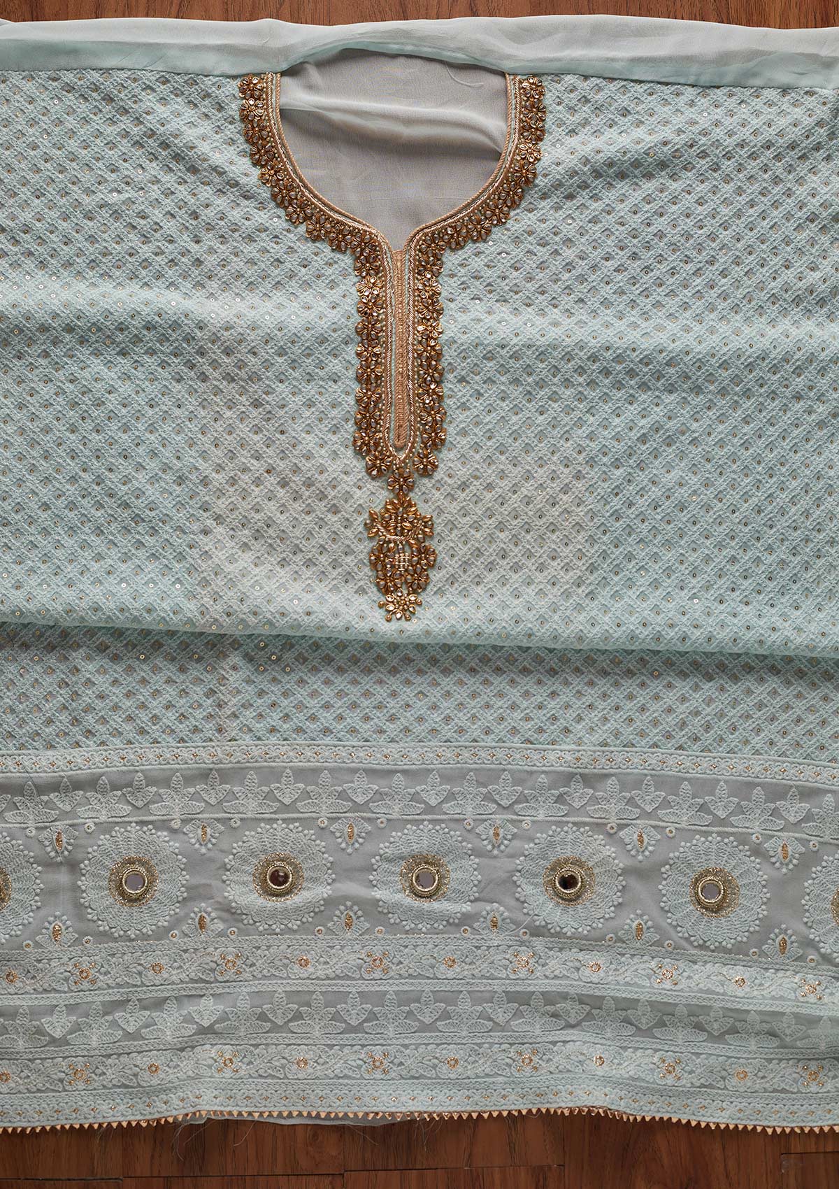 Sky Blue Stonework Georgette Designer Unstitched Salwar Suit - koskii