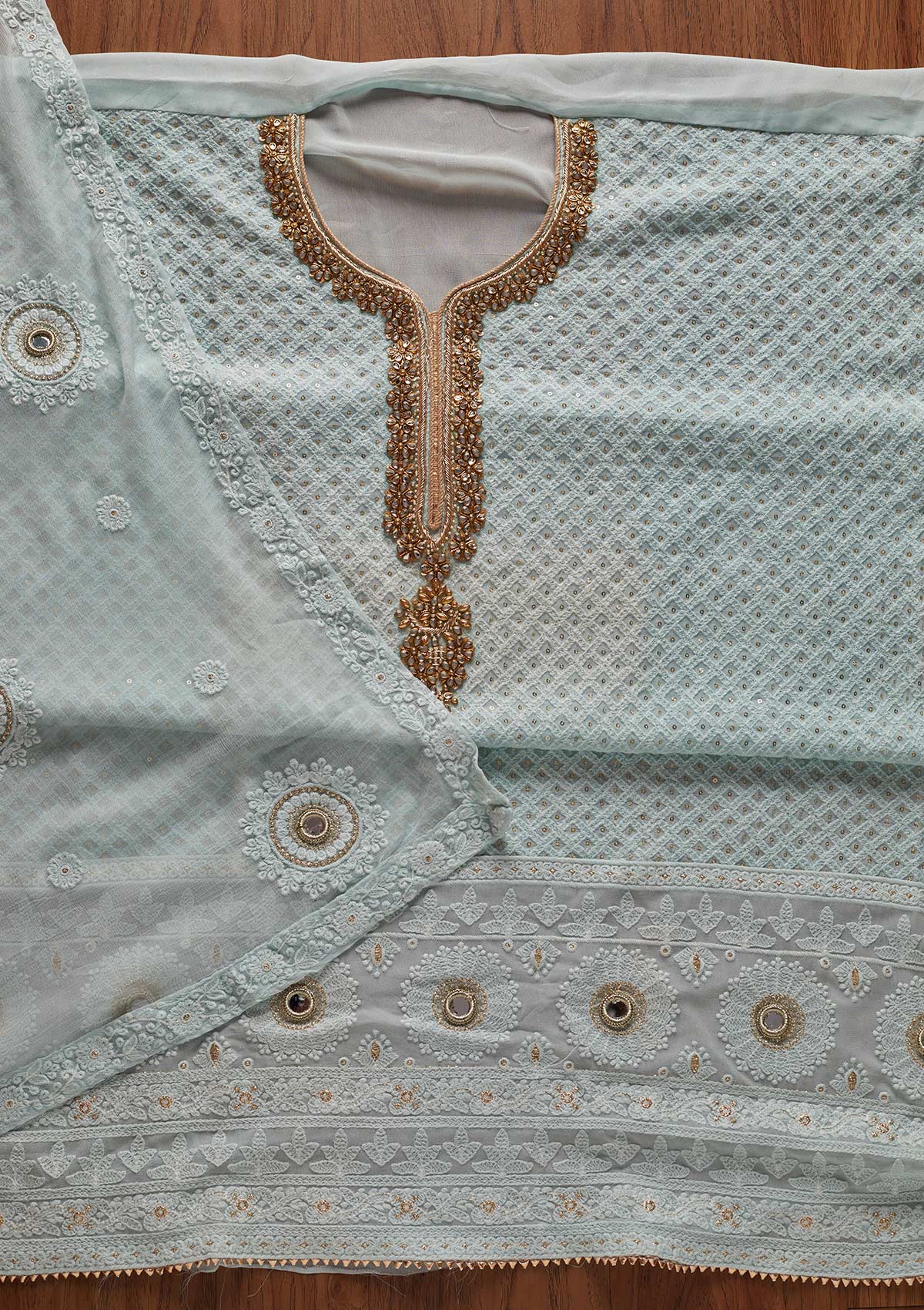 Sky Blue Stonework Georgette Designer Unstitched Salwar Suit - koskii