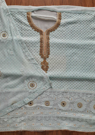 Sky Blue Stonework Georgette Designer Unstitched Salwar Suit - koskii