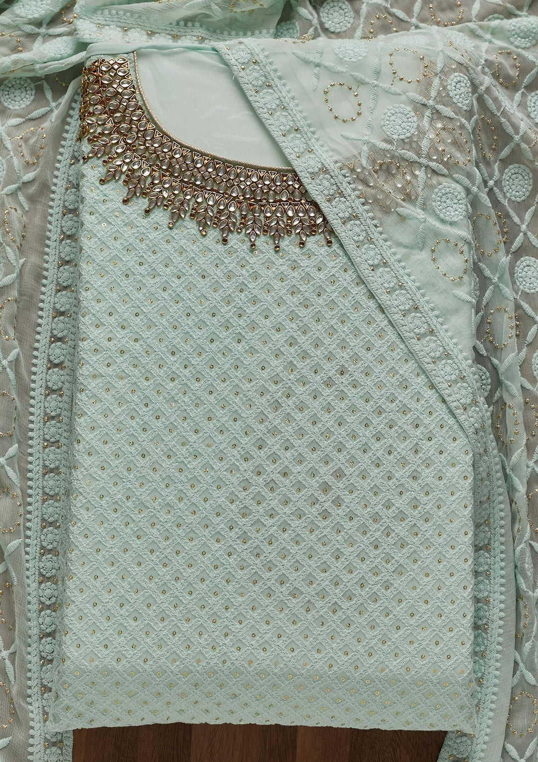 Sea Green Stonework Georgette Unstitched Salwar Suit - Koskii