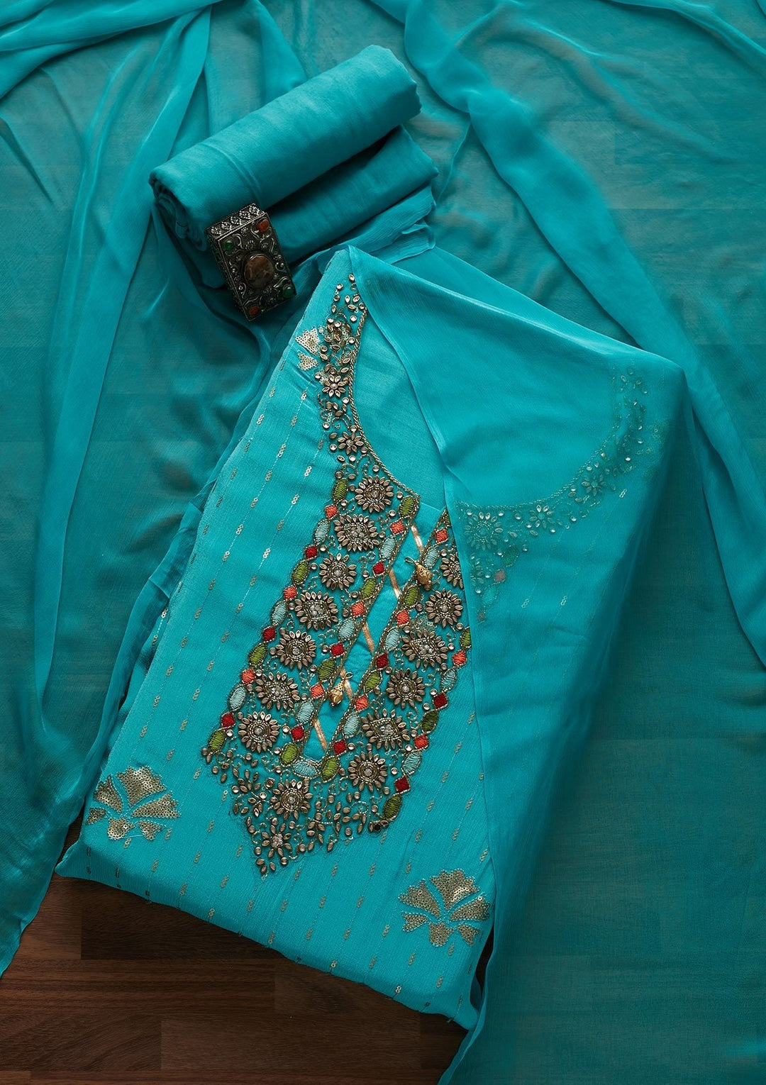 Sky Blue Stonework Georgette Designer Unstitched Salwar Suit - Koskii