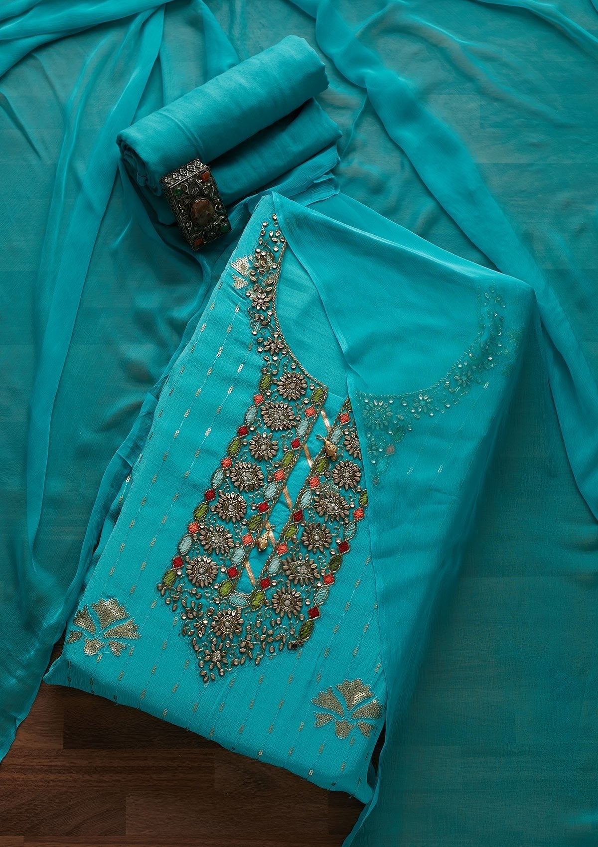 Sky Blue Stonework Georgette Designer Unstitched Salwar Suit - Koskii