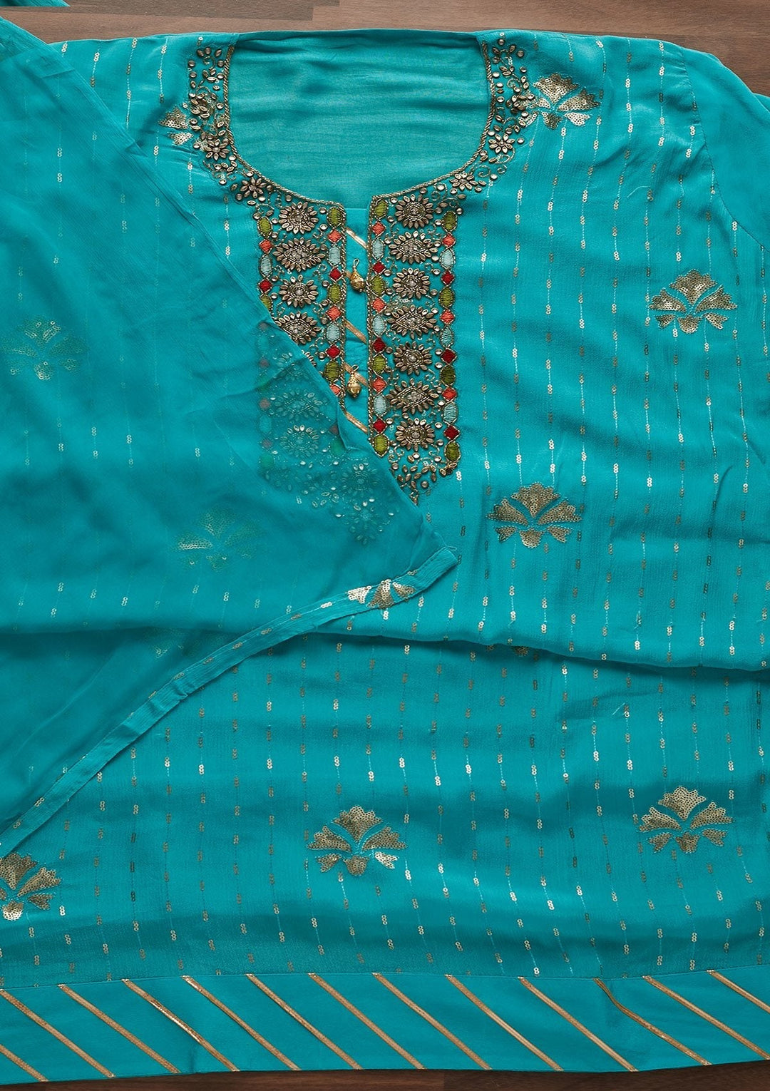 Sky Blue Stonework Georgette Designer Unstitched Salwar Suit - Koskii
