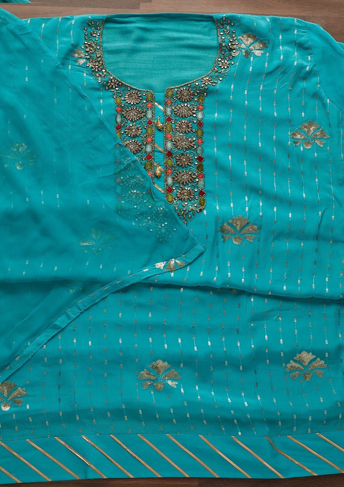 Sky Blue Stonework Georgette Designer Unstitched Salwar Suit - Koskii
