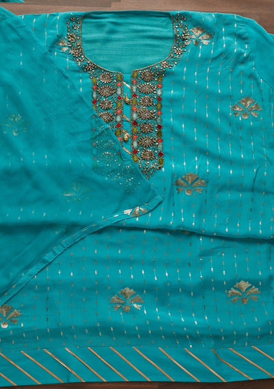 Sky Blue Stonework Georgette Designer Unstitched Salwar Suit - Koskii