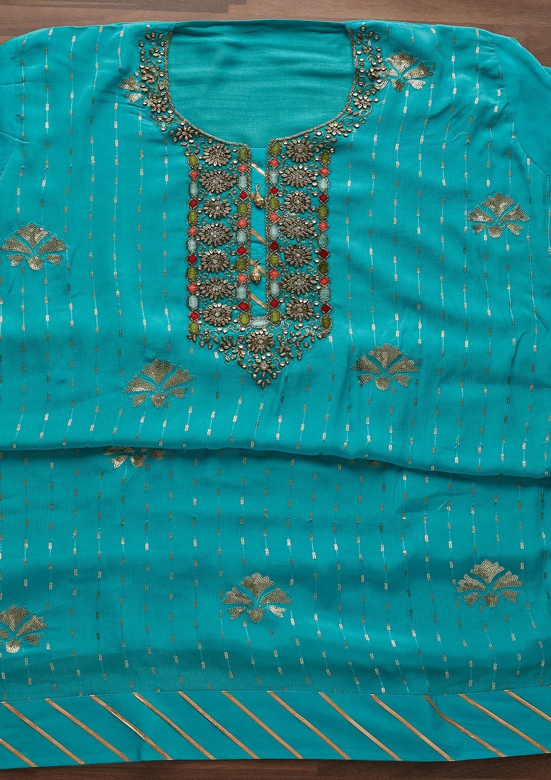 Sky Blue Stonework Georgette Designer Unstitched Salwar Suit - Koskii