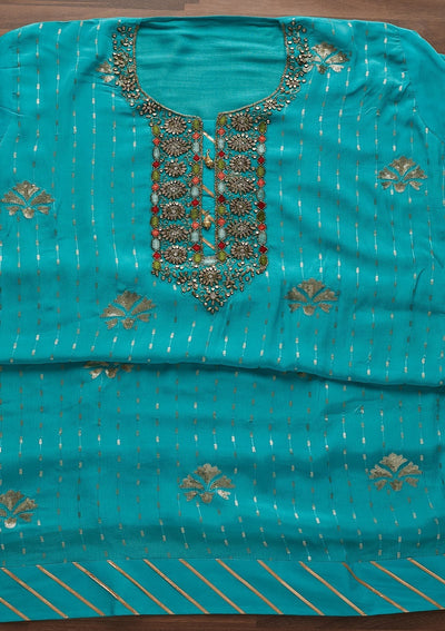 Sky Blue Stonework Georgette Designer Unstitched Salwar Suit - Koskii