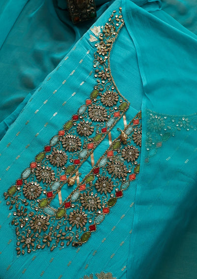 Sky Blue Stonework Georgette Designer Unstitched Salwar Suit - Koskii