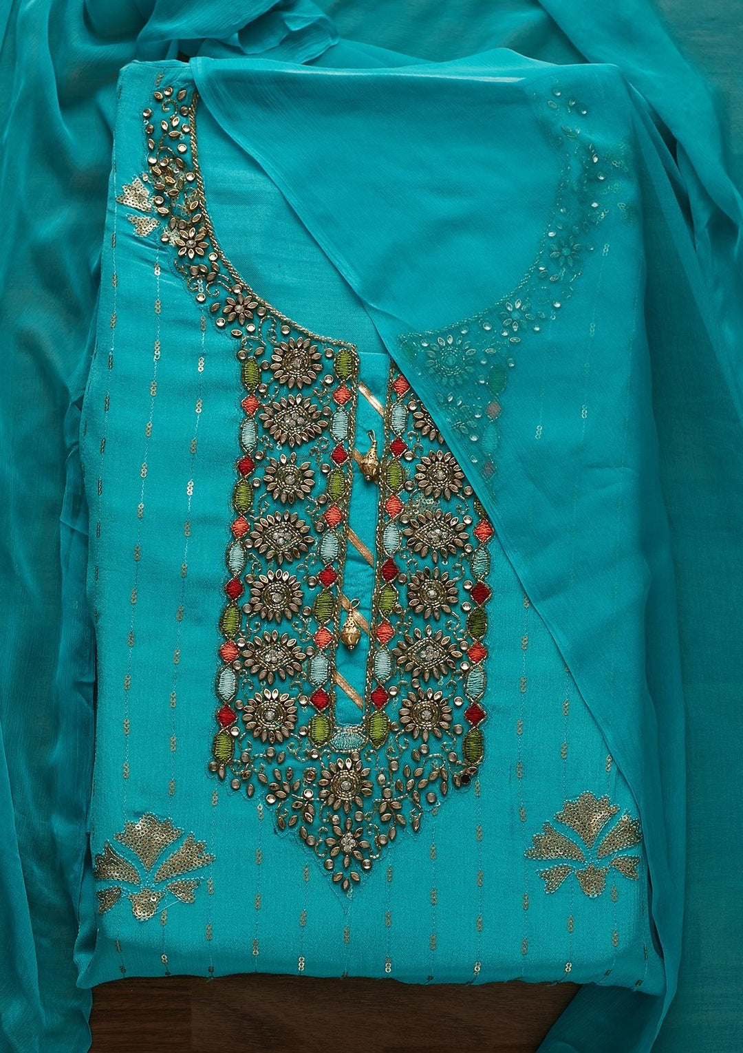Sky Blue Stonework Georgette Designer Unstitched Salwar Suit - Koskii