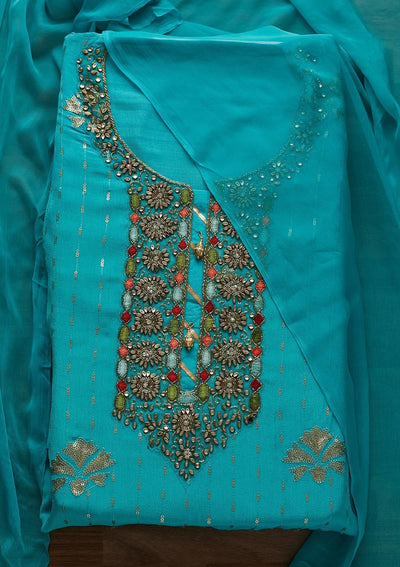 Sky Blue Stonework Georgette Designer Unstitched Salwar Suit - Koskii