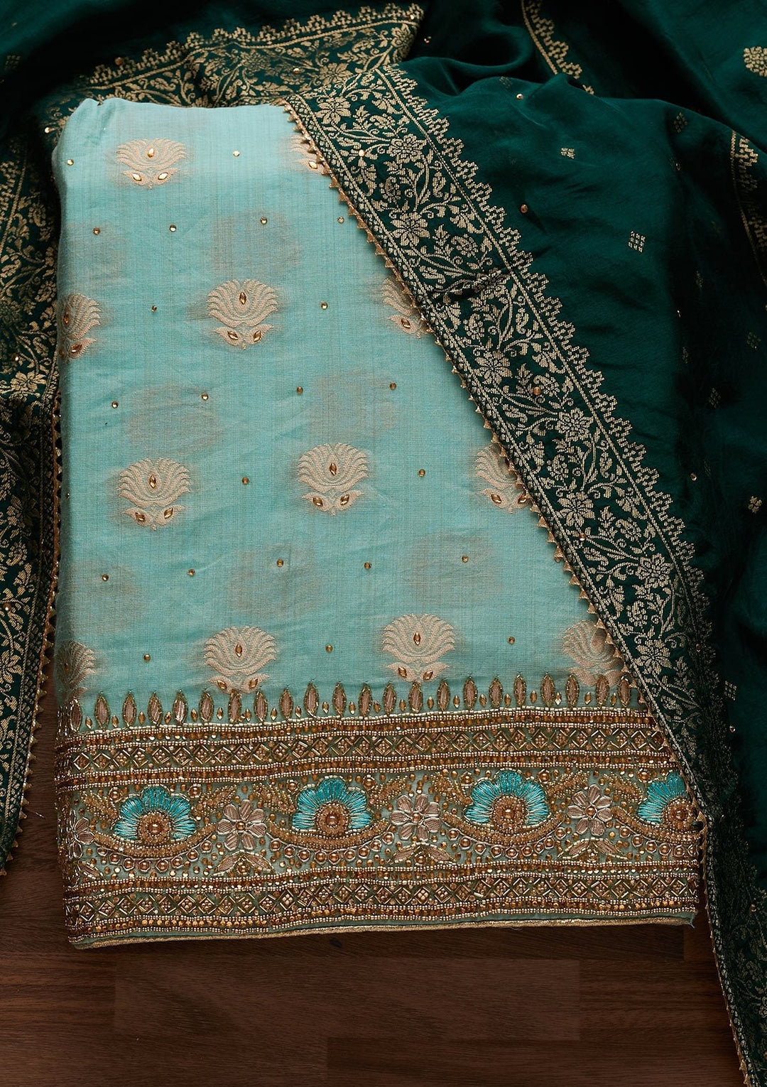 Sky Blue Stonework Semi Crepe Designer Unstitched Salwar Suit - Koskii