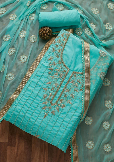 Sky Blue Stonework Semi Crepe  Unstitched Salwar Suit- Koskii