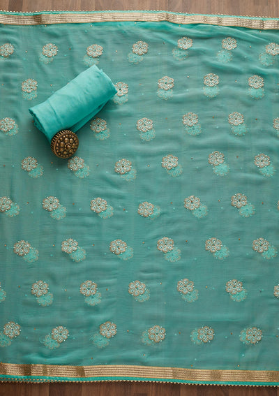 Sky Blue Stonework Semi Crepe  Unstitched Salwar Suit - Koskii