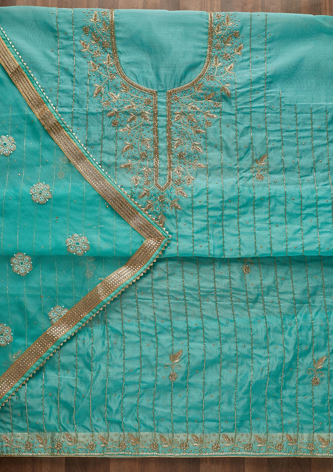 Sky Blue Stonework Semi Crepe  Unstitched Salwar Suit - Koskii
