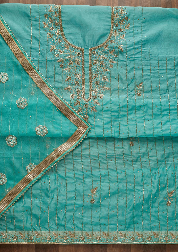 Sky Blue Stonework Semi Crepe  Unstitched Salwar Suit - Koskii
