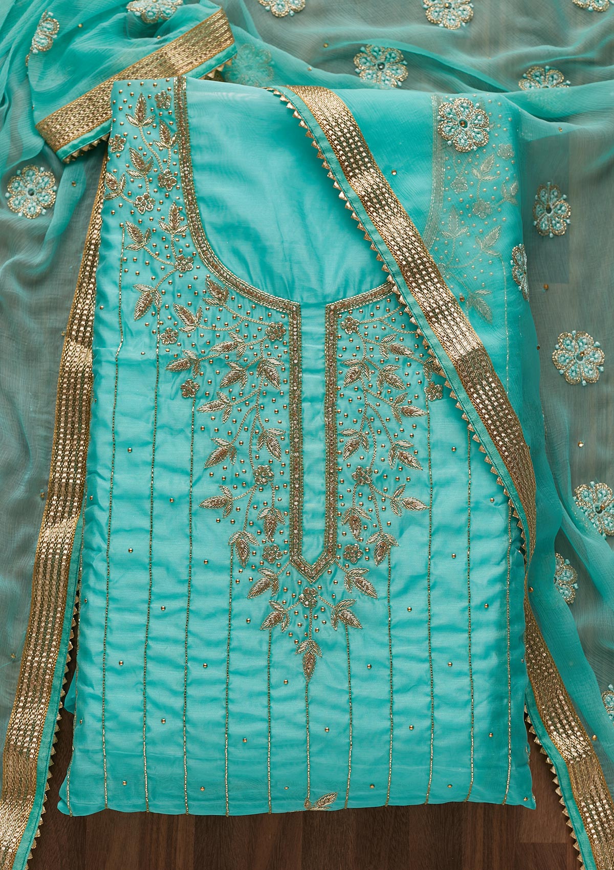 Sky Blue Stonework Semi Crepe  Unstitched Salwar Suit - Koskii