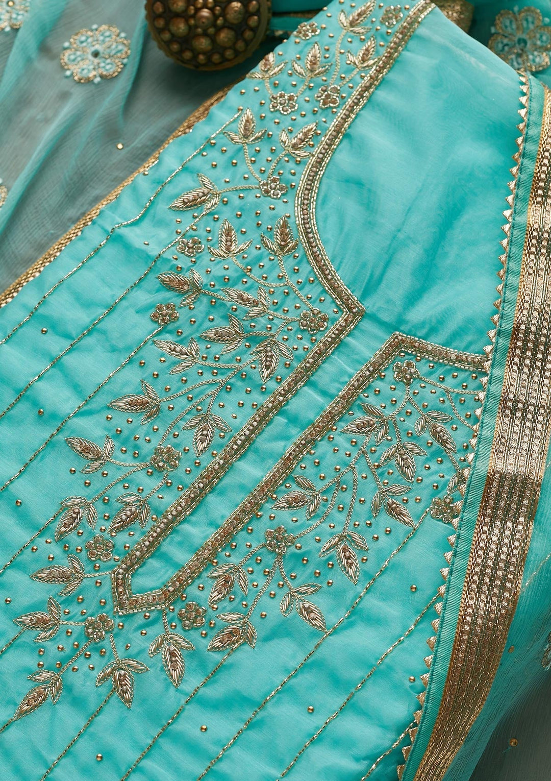 Sky Blue Stonework Semi Crepe  Unstitched Salwar Suit - Koskii