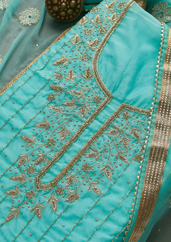 Sky Blue Stonework Semi Crepe  Unstitched Salwar Suit - Koskii