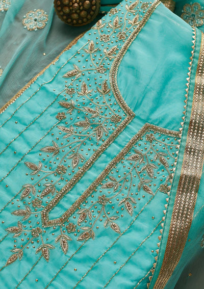 Sky Blue Stonework Semi Crepe  Unstitched Salwar Suit - Koskii