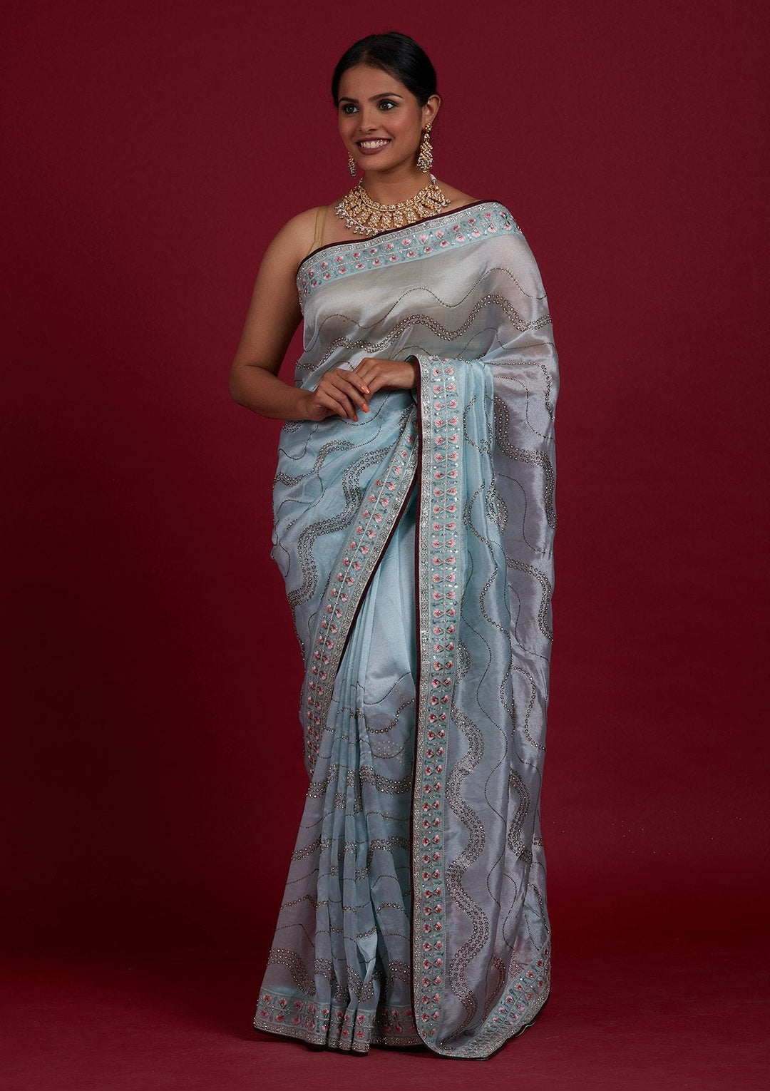Sky Blue Stonework Tissue Designer Saree - Koskii