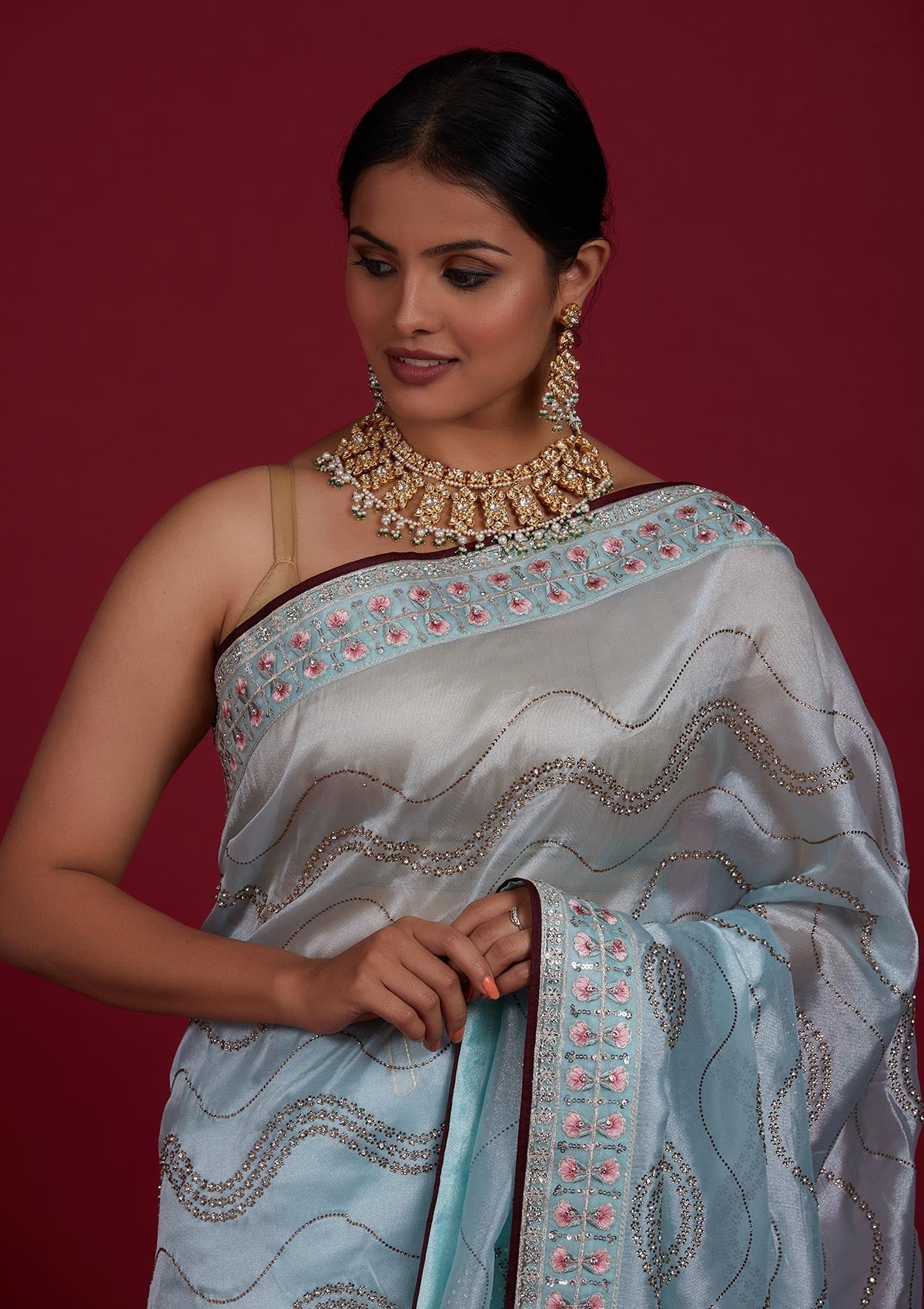 Sky Blue Stonework Tissue Designer Saree - Koskii