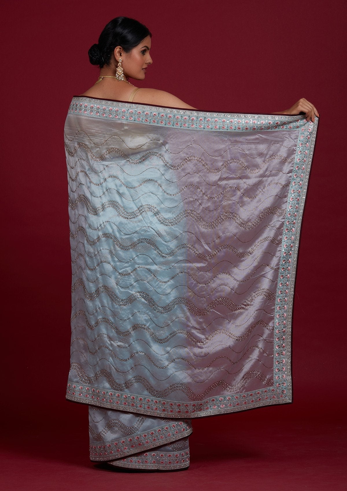 Sky Blue Stonework Tissue Designer Saree - Koskii