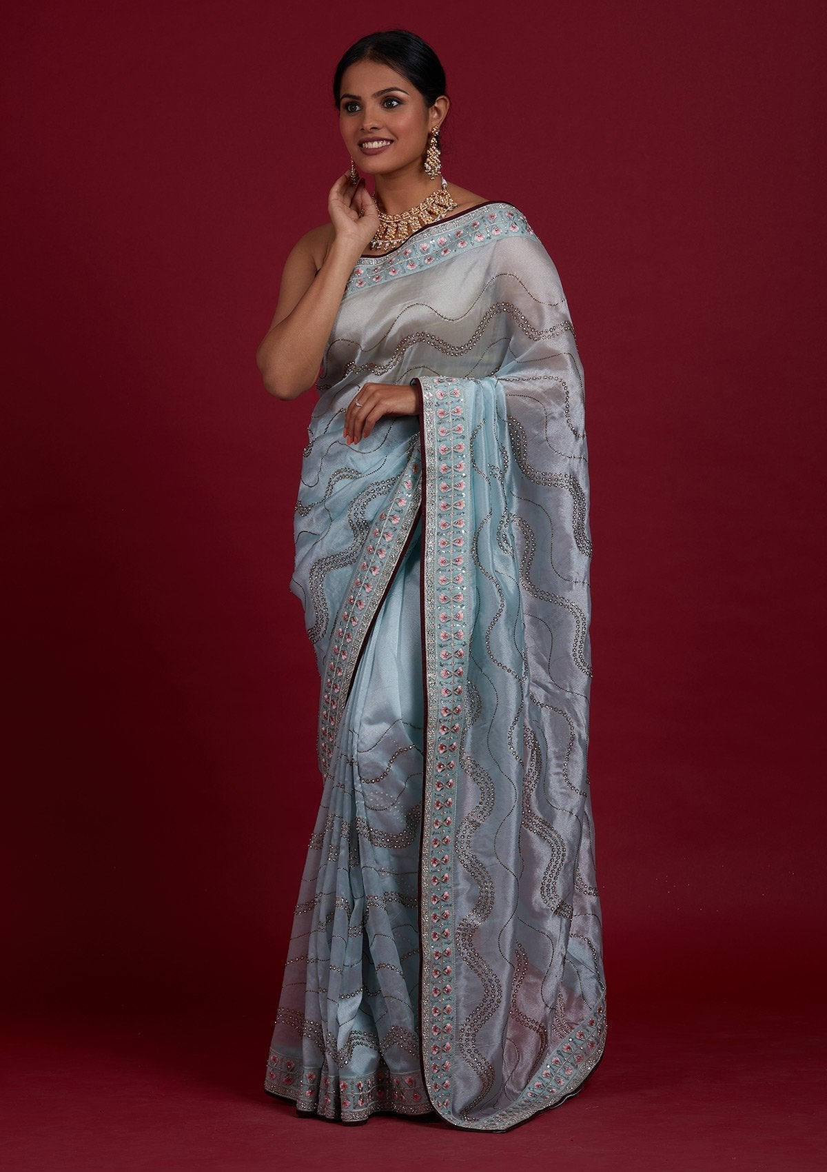 Sky Blue Stonework Tissue Designer Saree - Koskii