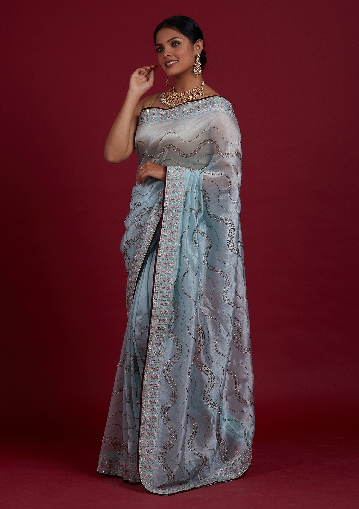 Sky Blue Stonework Tissue Designer Saree - Koskii