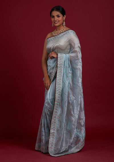 Sky Blue Stonework Tissue Designer Saree - Koskii