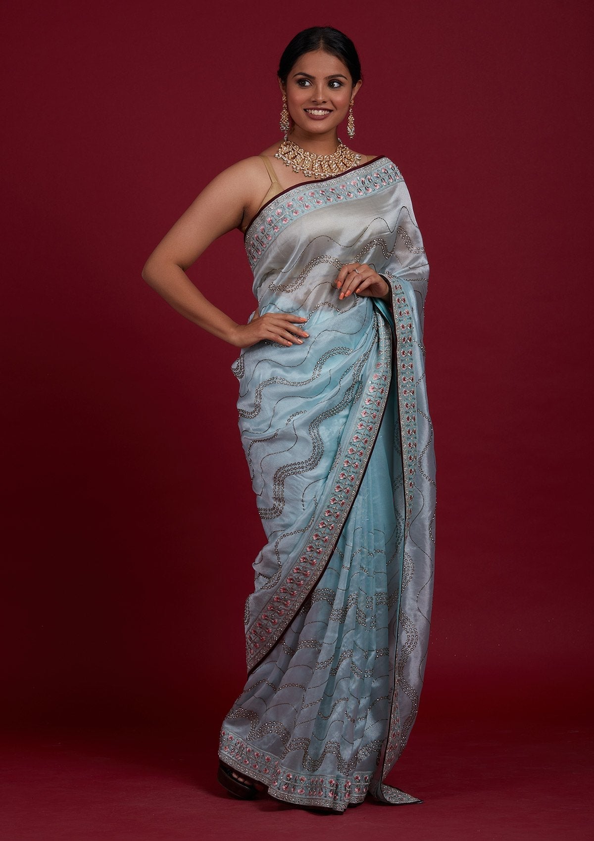 Sky Blue Stonework Tissue Designer Saree - Koskii