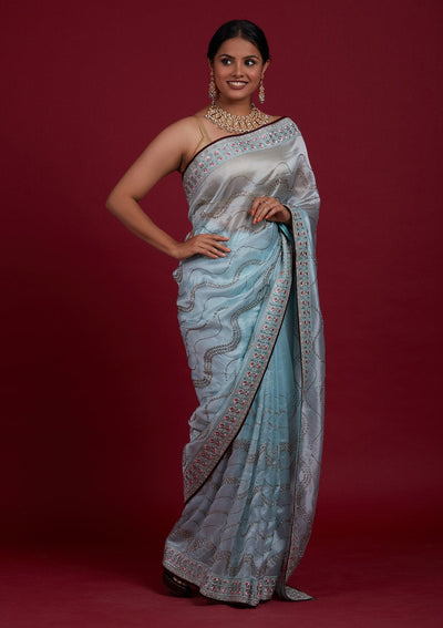 Sky Blue Stonework Tissue Designer Saree - Koskii