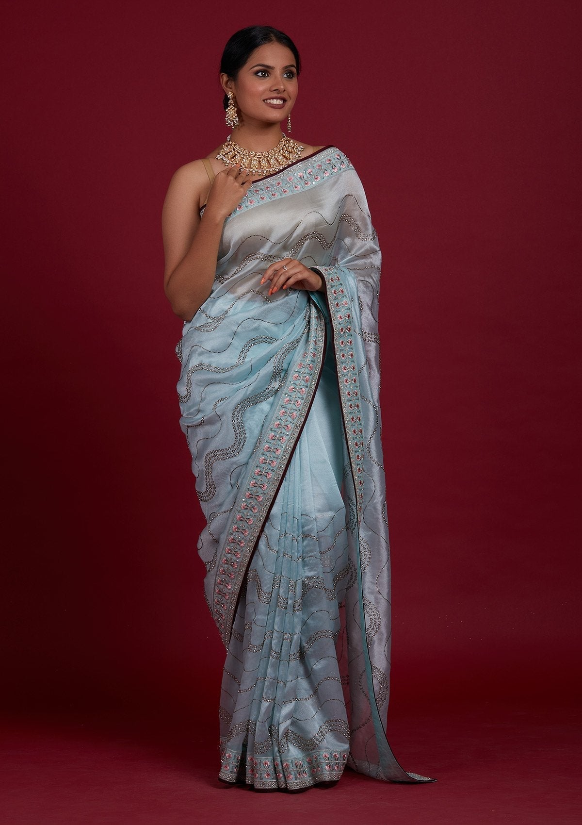 Sky Blue Stonework Tissue Designer Saree - Koskii
