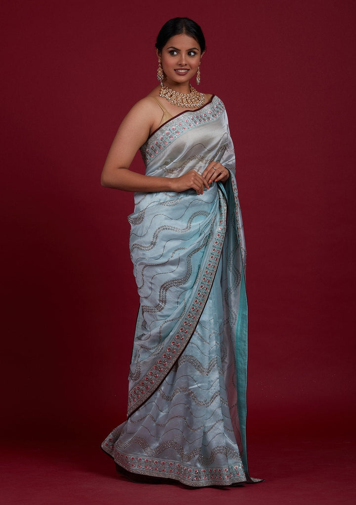 Sky Blue Stonework Tissue Designer Saree - Koskii