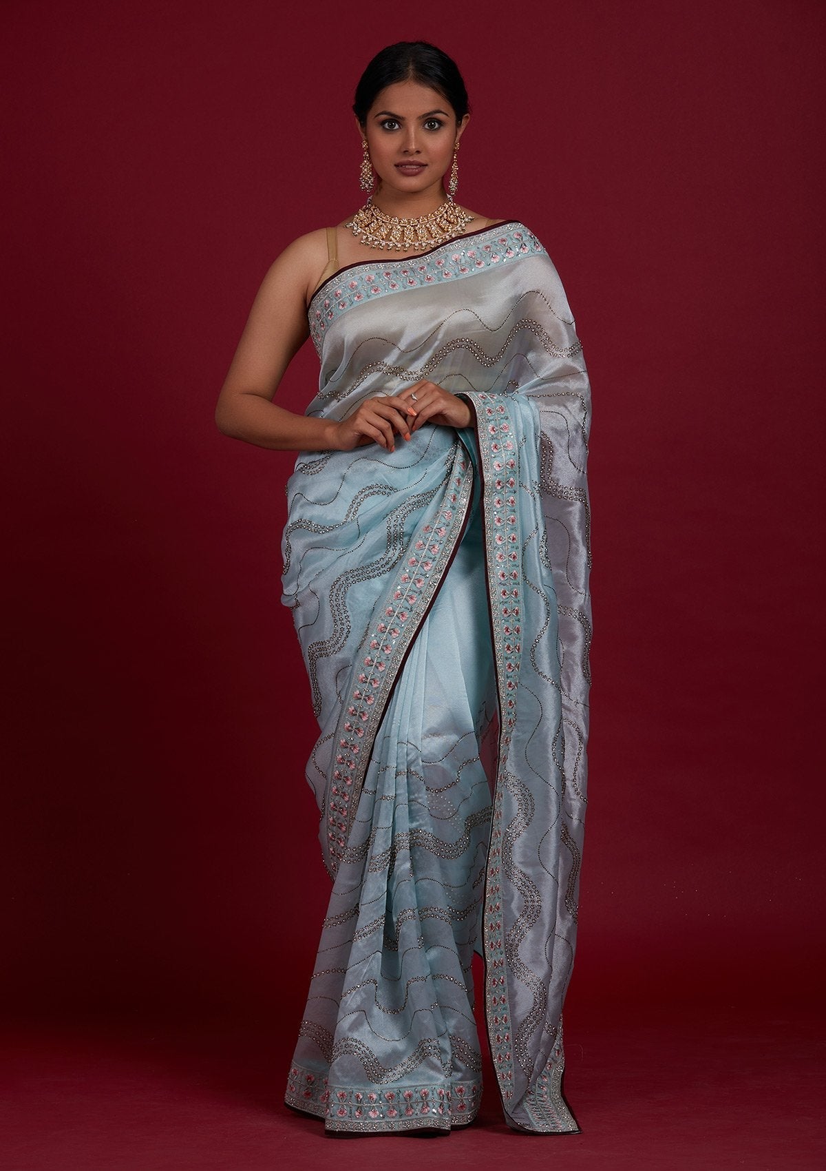Sky Blue Stonework Tissue Designer Saree - Koskii