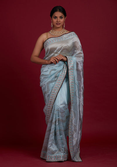 Sky Blue Stonework Tissue Designer Saree - Koskii