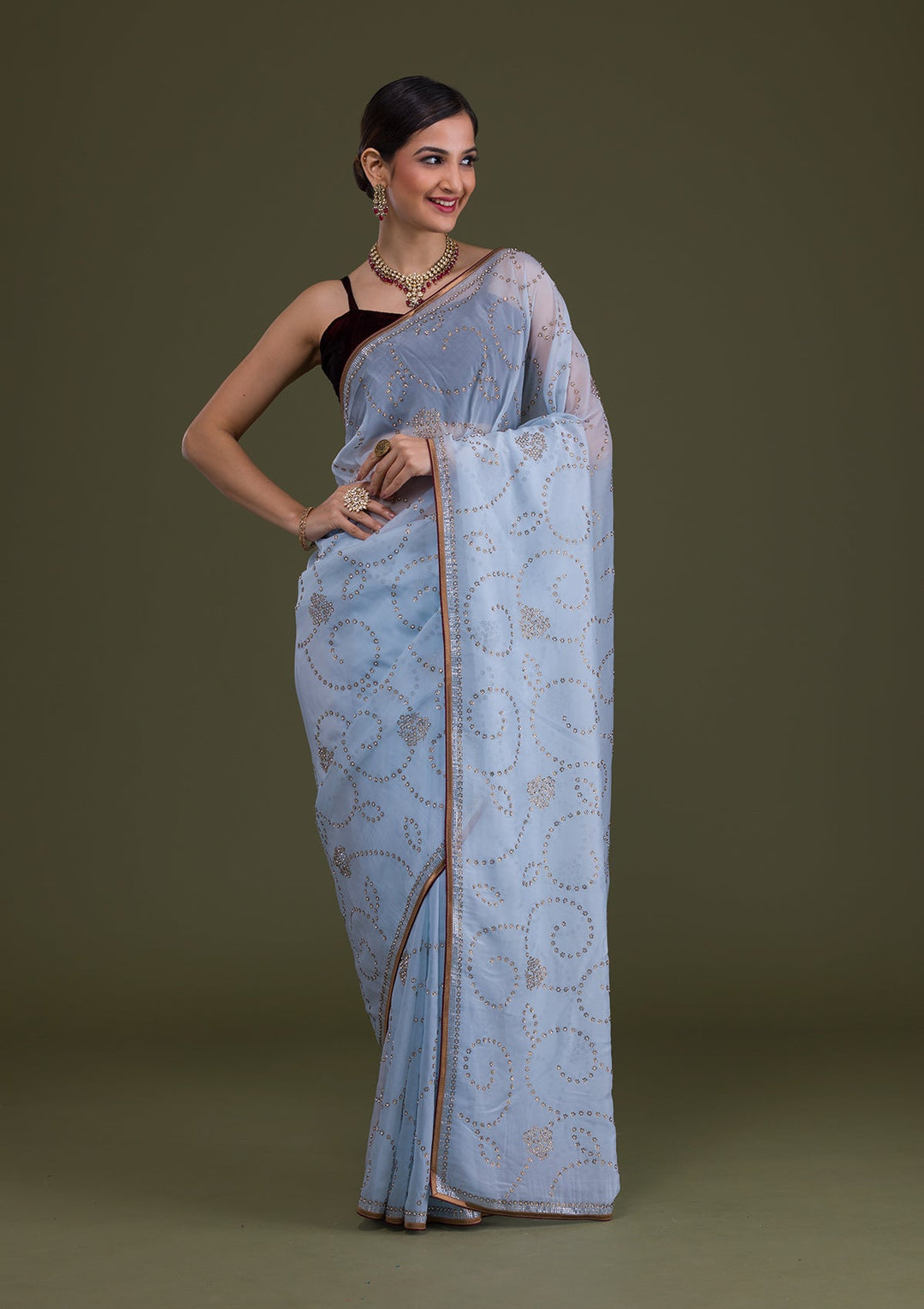 Sky Blue Stonework Tissue Saree-Koskii