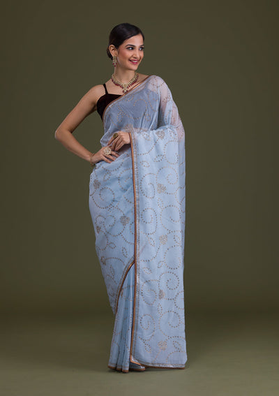 Sky Blue Stonework Tissue Saree-Koskii