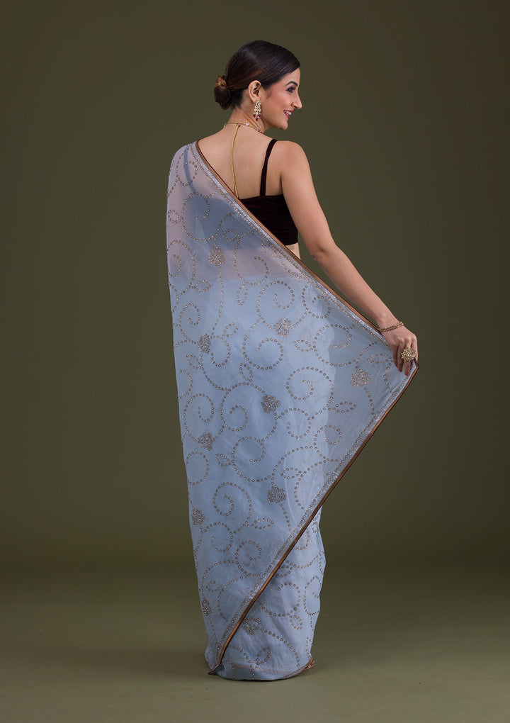 Sky Blue Stonework Tissue Saree-Koskii
