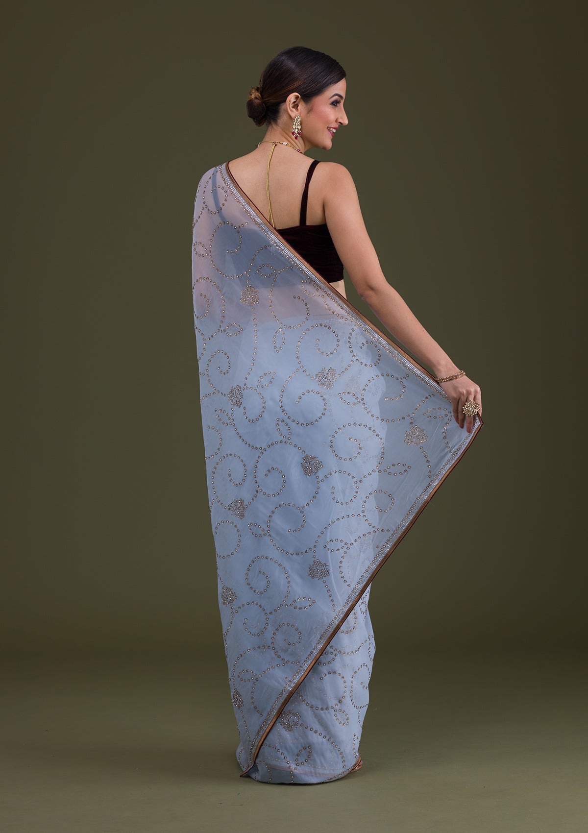 Sky Blue Stonework Tissue Saree-Koskii