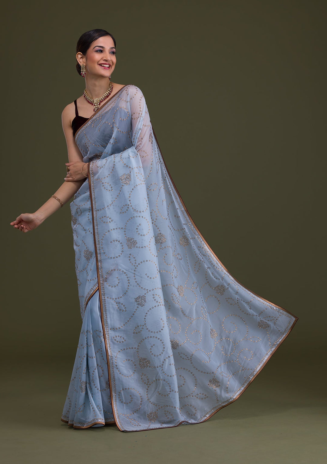 Sky Blue Stonework Tissue Saree-Koskii