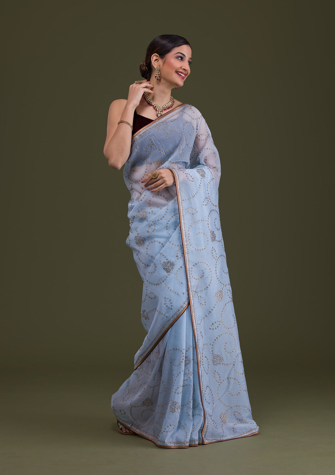 Sky Blue Stonework Tissue Saree-Koskii