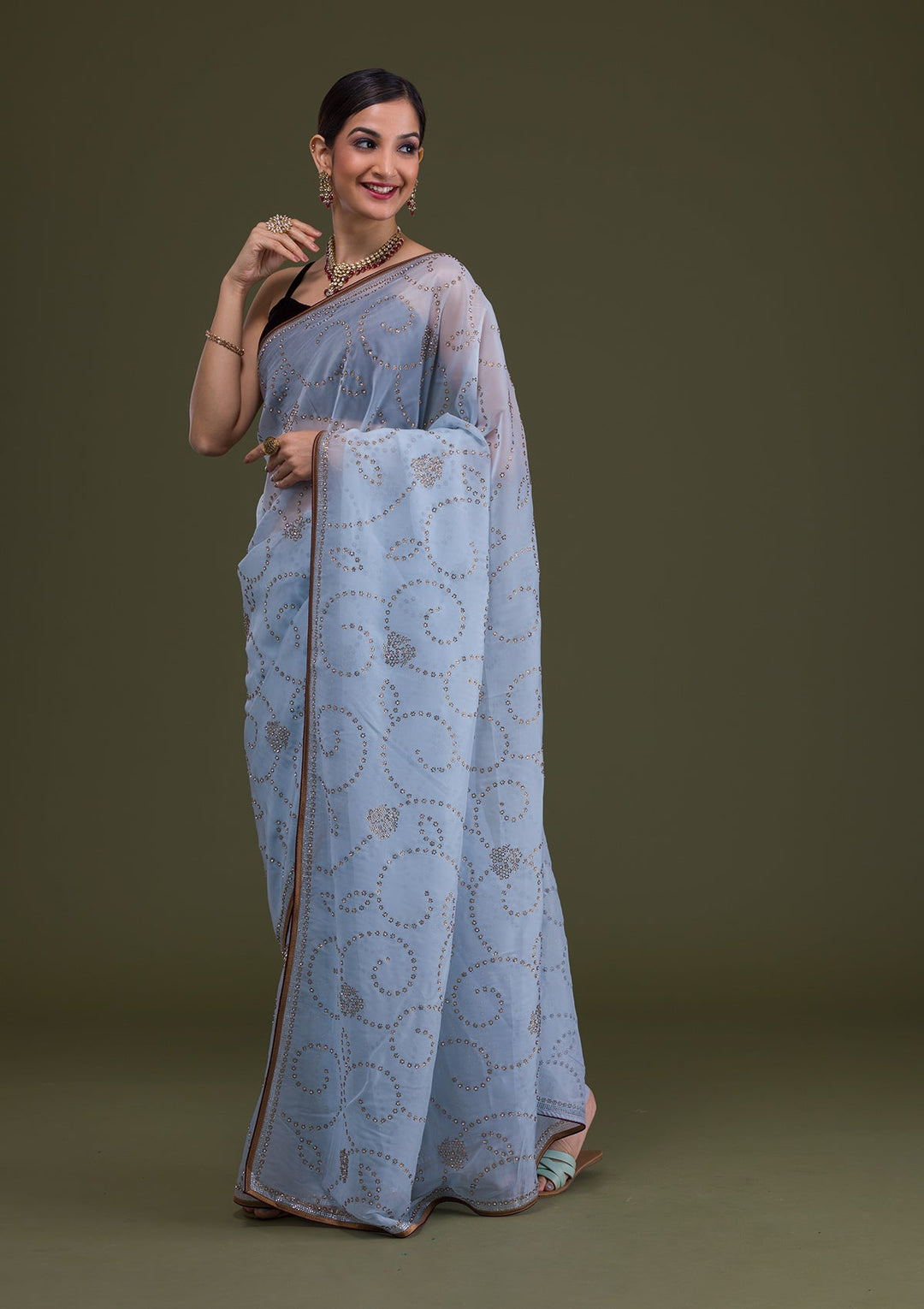 Sky Blue Stonework Tissue Saree-Koskii