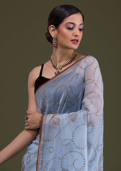 Sky Blue Stonework Tissue Saree-Koskii